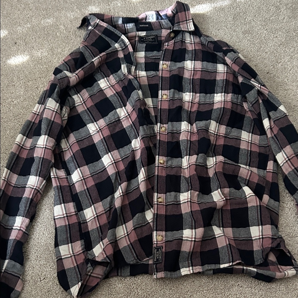Abercrombie & Fitch Plaid Button Down Shirt - Black, Pink, Cream
